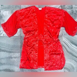 Vintage Natori Red Silky Belted Robe Lace Embroidered Sleeves Size S